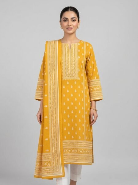 Bin Saeed Unstitched 3-Piece Premium Summer Lawn Suit – Vibrant Mustard Yellow Block-Print Design